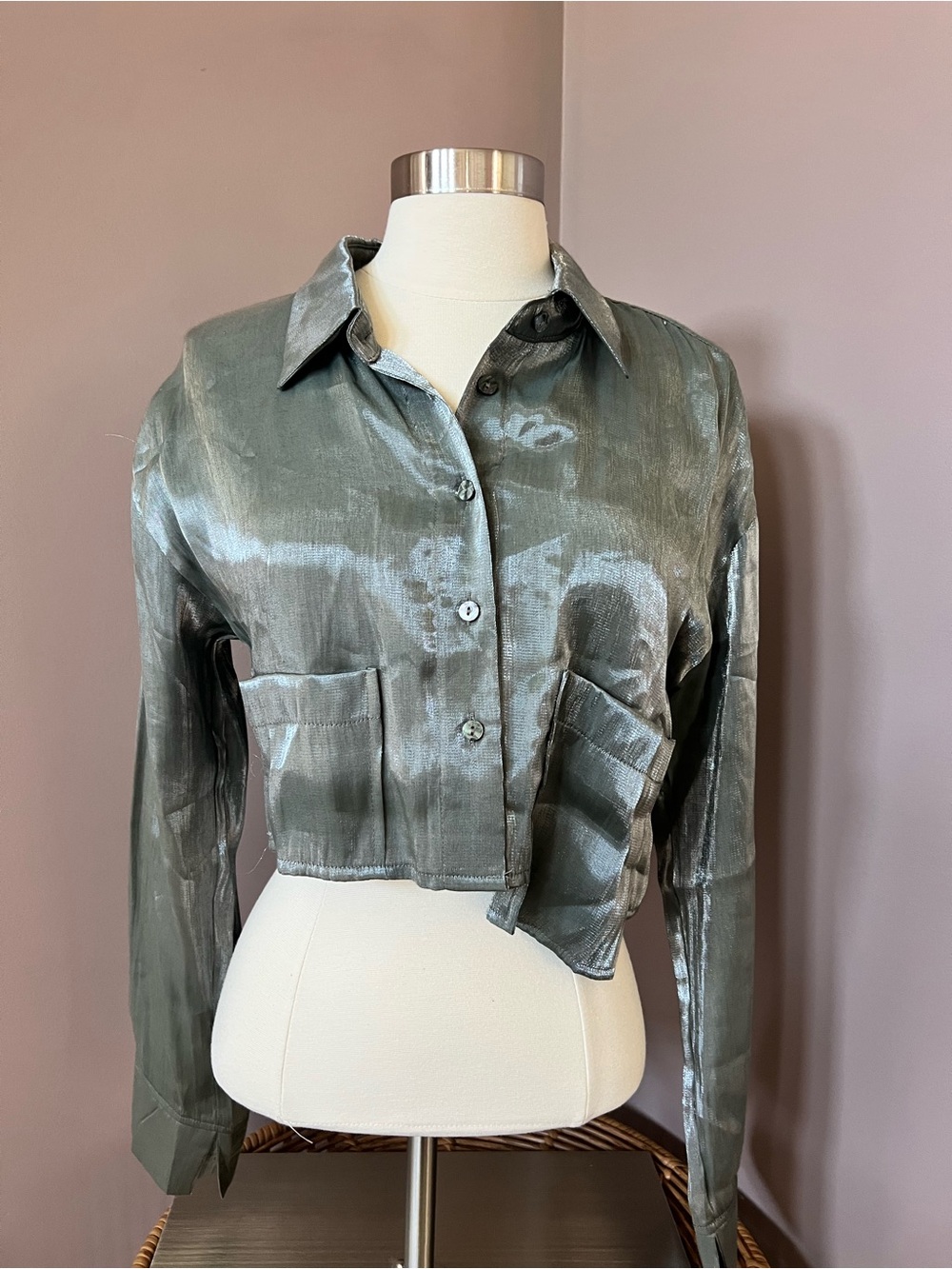 Promesa Shimmering Cropped Satin Asymmetrical button front